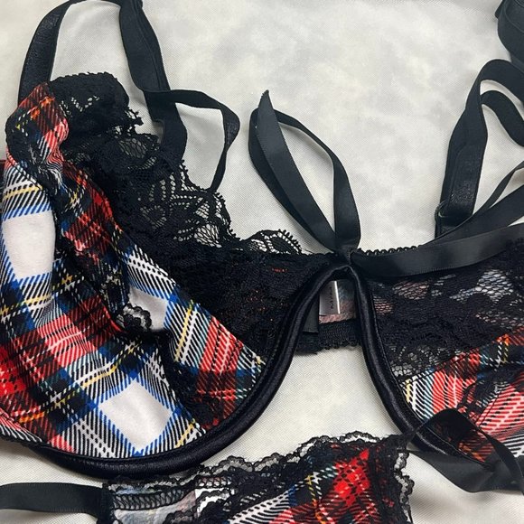 Coquette Plaid w/Ribbon Bra Set & Opaque Bk Thigh highs NWT Med - Picture 2 of 7